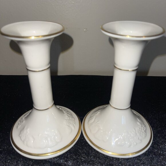 Vintage Lenox Fruits Of Life Candlesticks 1995 Ivory & Gold 6" Made In The USA - Picture 7 of 15